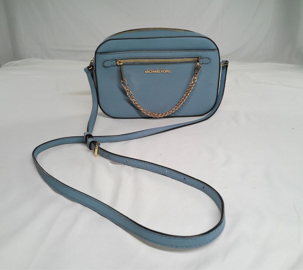 Michael Kors Light Blue Saffiano Leather Crossbody Camera Bag Gold Chain